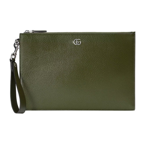 GUCCI/古馳 22新款 男士森林綠色皮革鈀金飾面拆卸腕帶拉鏈封口手提包475317DJ20F3352