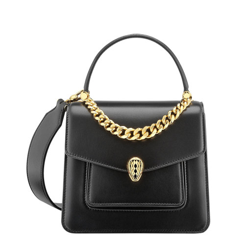 BVLGARI/寶格麗 SERPENTI FOREVER系列 女士小號(hào)黑色納帕小羊皮黃銅琺瑯蛇首搭扣翻蓋斜挎單肩手提包291168