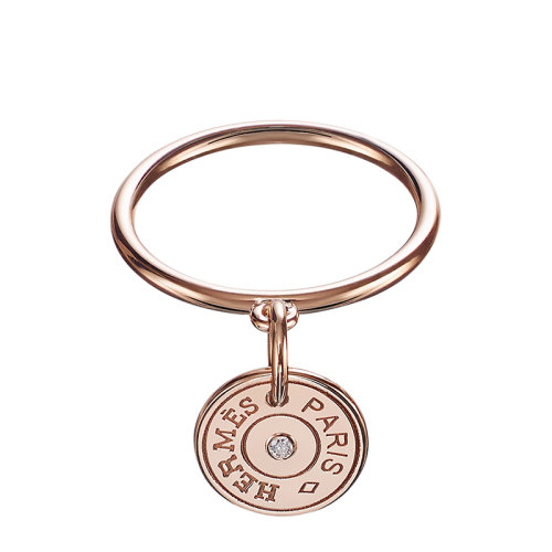 HERMES/愛馬仕 經(jīng)典Gambade系列 18K金玫瑰金鑲鉆“Clou de Selle”圖案圓形掛墜戒指指環(huán)H216631B