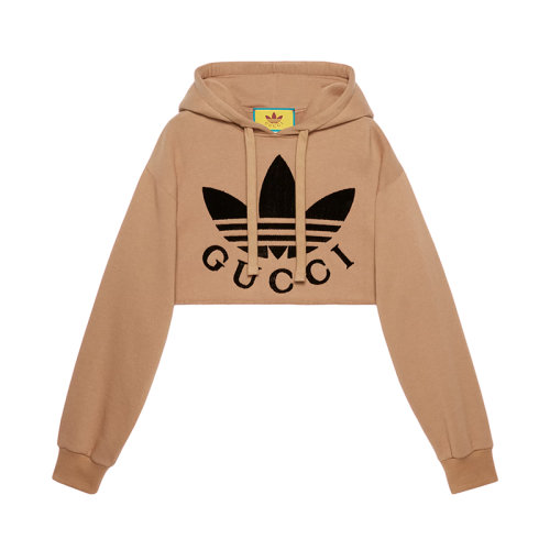  GUCCI/古馳 22年秋冬新款 adidas聯(lián)名系列 女士米色純棉重磅毛氈面料正面Logo短款連帽衫衛(wèi)衣?688196XJEDA2184