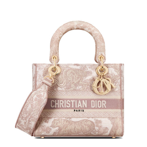 DIOR/迪奧  LADY D-LITE系列 女士中號(hào)玫瑰粉色印花雙面刺繡織物寬肩帶單肩斜挎手提戴妃包M0565OTDT_M912