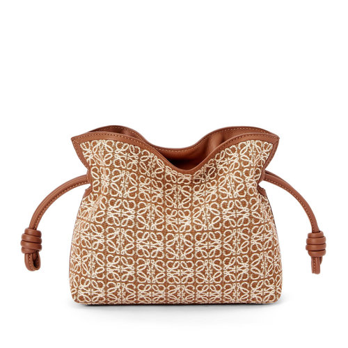 LOEWE/羅意威 22新款Flamenco系列 女士迷你棕褐色小牛皮配鏈條肩帶抽繩開合單肩手拿包A411FC2X38-2713