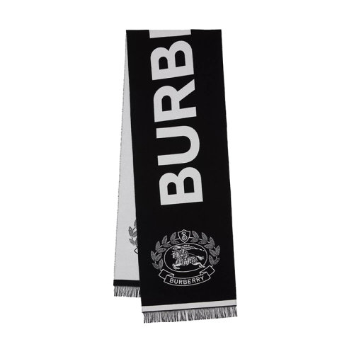 BURBERRY/博柏利 女士黑/白羊毛配真絲騎士圖案徽標(biāo)刺繡圍巾80609661