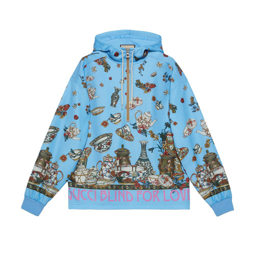 GUCCI/古馳 22年秋冬新款 Lovelight系列 男士藍(lán)色棉質(zhì)混紡茶具印花兜帽衛(wèi)衣706907XJERU4020