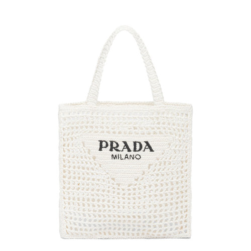 PRADA/普拉達(dá) 22新款 女士白色酒椰纖維解構(gòu)式單肩手提鏤空托特包1BG393_2A2T_F0009_V_OOO
