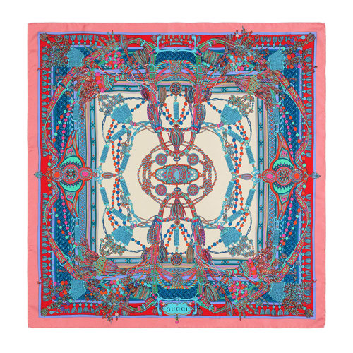 GUCCI/古馳 女士粉色和紅色鏈印花流蘇真絲圍巾6474813G0015874