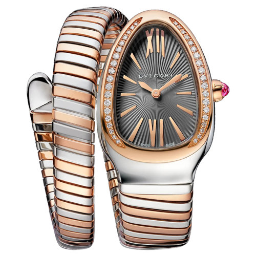 BVLGARI/寶格麗 不銹鋼表殼 18K金玫瑰金表圈和精鋼單螺旋表鏈 鑲嵌明亮式切割鉆石 灰色上漆表盤 SERPENTI TUBOGAS石英手表 35毫米102681