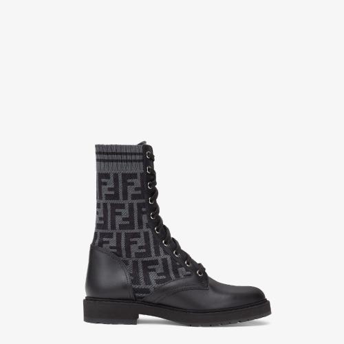  FENDI芬迪 22年春夏 女士 短靴 彈力布料黑色皮革機車靴 8T6780A8C7F1D0I