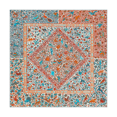 HERMES/愛(ài)馬仕 140絲綢花園 女士橙色/鈷/白色羊絨真絲披肩H243534S12