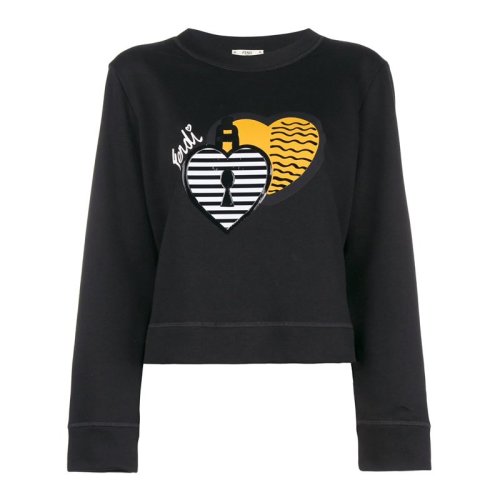 Fendi/芬迪  女裝 服裝 黑色棉質(zhì)愛心字母logo刺繡長袖套頭衫休閑 女士衛(wèi)衣