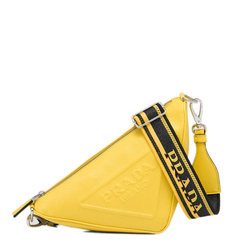 PRADA/普拉達(dá) 22年新款Triangle系列 男士日光黃Saffiano皮革徽標(biāo)壓印銀扣配可拆卸刺繡皮革織物肩帶單肩斜挎三角包2VH5_2FAD_F0377_V_OOO