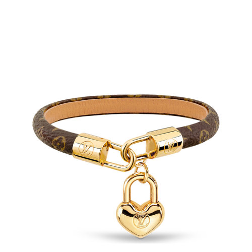 Louis Vuitton/路易威登 22春夏新款CRAZY IN LOCK系列 米色/棕色老花帆布小牛皮內(nèi)襯金色心形鎖飾手鏈M6451E