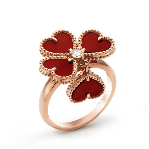 Van Cleef & Arpels/梵克雅寶  18K金玫瑰金鑲紅玉髓桃心四葉草吊墜戒指/指環(huán)  VCARN5P600