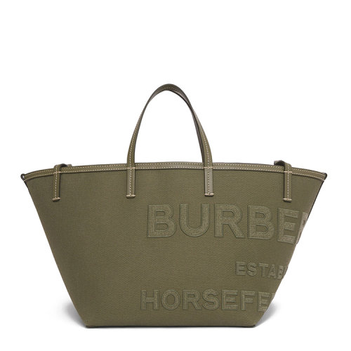BURBERRY/博柏利 Beach Tote – 迷你 Horseferry 印花棉麻混紡帆布沙灘托特包 亞麻,棉/配皮 80418011