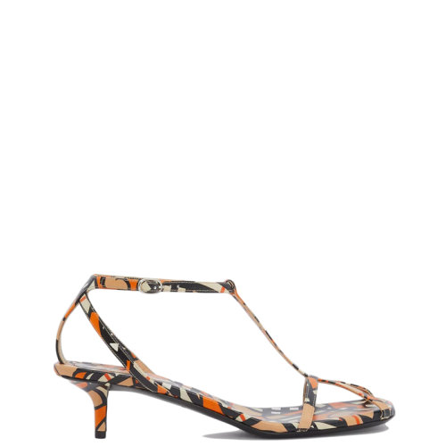  BURBERRY/博柏利 22年秋冬新款 女士黑色/橙色羔羊皮老花圖案貓跟涼鞋80567221