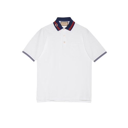 GUCCI/古馳 22年春夏新款 男士白色/藍(lán)色棉質(zhì)混紡互扣式雙G刺繡短袖Polo衫?658067XJDI29692