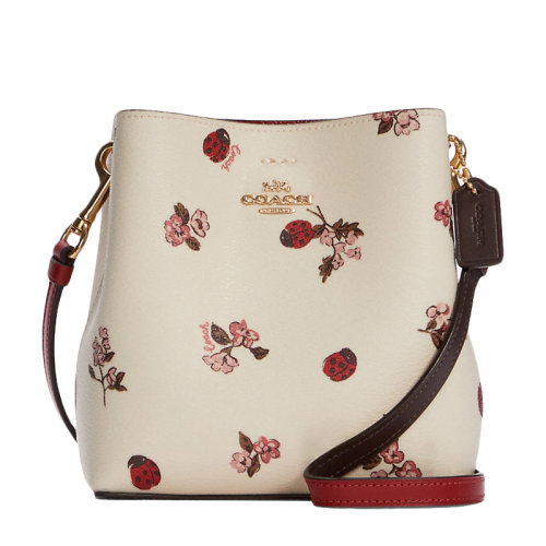 COACH/蔻馳 女士金色粉筆白色多色拼色涂層帆布配皮經(jīng)典字母徽標(biāo)瓢蟲花卉印花按扣開合迷你單肩包斜挎包水桶包女包 C7268IMCAH