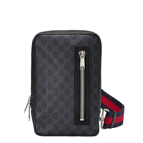 GUCCI/古馳 新款經典款 男士黑色灰色GG涂層帆布藍紅條紋包帶拉鏈斜挎包腰包478325K9RRN1095