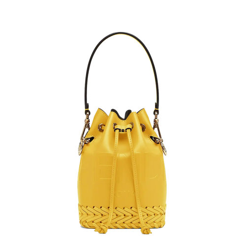 FENDI/芬迪 MON TRESOR系列 女士迷你黃色皮革飾有手工刺繡配可拆卸肩帶斜跨單肩手提水桶包8BS010AGV0F192E