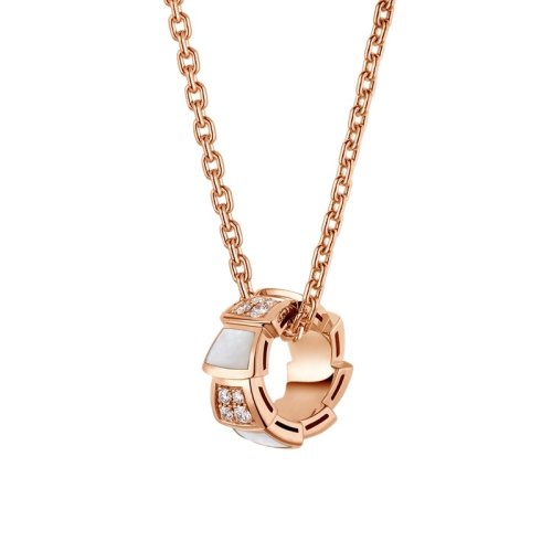 BVLGARI/寶格麗 經(jīng)典款白貝母18K金玫瑰金帶鉆  蛇形項(xiàng)鏈 357095