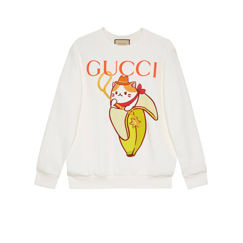 GUCCI/古馳 22秋冬新款 女士白色純棉Gucci和Bananya印花圖標無帽衛(wèi)衣617964XJEGP9095