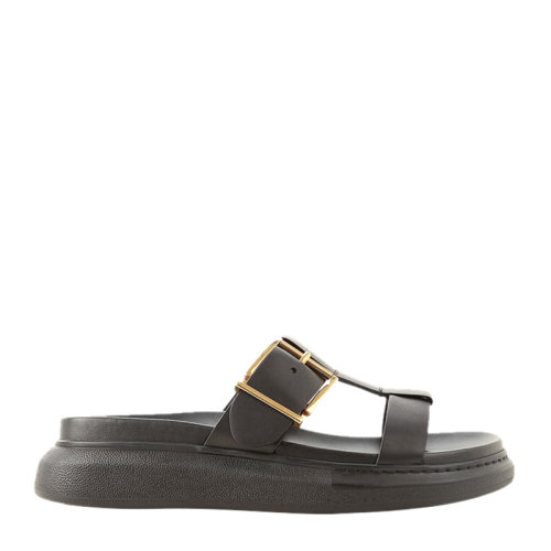 ALEXANDER MCQUEEN 亞歷山大·麥昆 女士 鞋靴  黑色小牛皮露趾平底拖鞋 女士涼拖