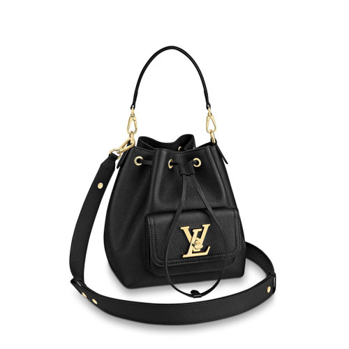 Louis Vuitton/路易威登 21新款 SEAU LOCKME系列 女士黑色粒面小牛皮LV鎖扣皮革抽繩可調(diào)節(jié)肩帶水桶單肩斜挎手提包M57687
