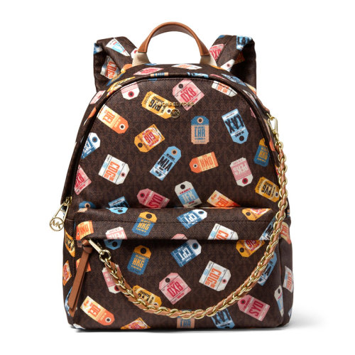 Michael Kors/邁克·科爾斯 Slater系列女士橡子棕色涂層帆布行李牌圖案印花雙肩包手提包背包女包 30T0G04B1O-BROWNMULTI