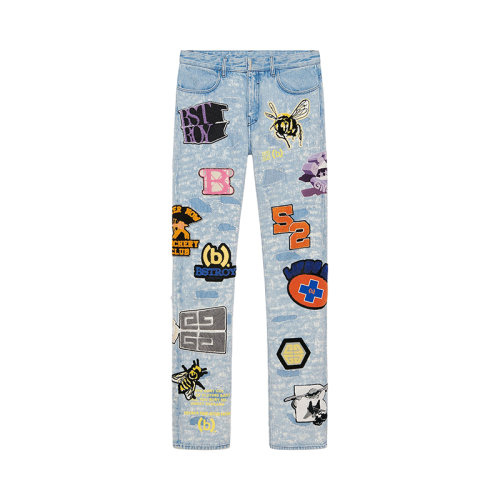 Givenchy/紀(jì)梵希 23年早春新款 BSTROY聯(lián)名系列 男士中藍(lán)色純棉破洞效果貼片直筒牛仔褲BM51675Y45-420