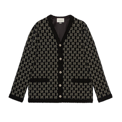 GUCCI/古馳新款女士黑色V領羊毛GG提花毛氈針織開衫644570XKBN11080
