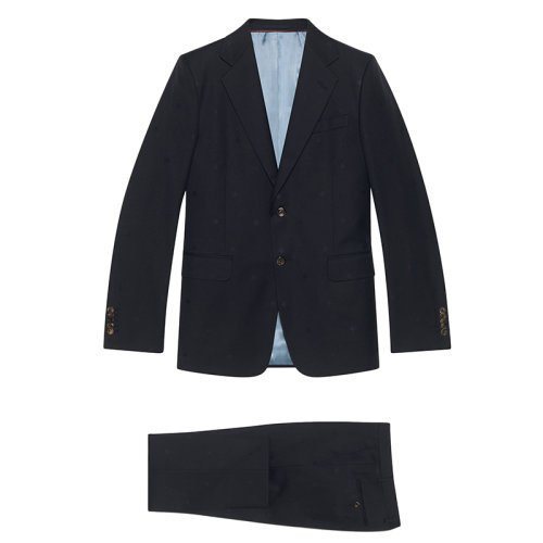 GUCCI/古馳男士深藍(lán)色蜜蜂羊毛華達(dá)呢直筒西裝和西褲 2件套604081Z589E4440