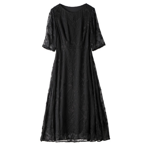 GeleiStory/GeleiStory 夏季新款大碼真絲中年連衣裙中長(zhǎng)款蕾絲邊年輕款桑蠶絲綢裙子女裝＞女士裙裝＞女士連衣裙