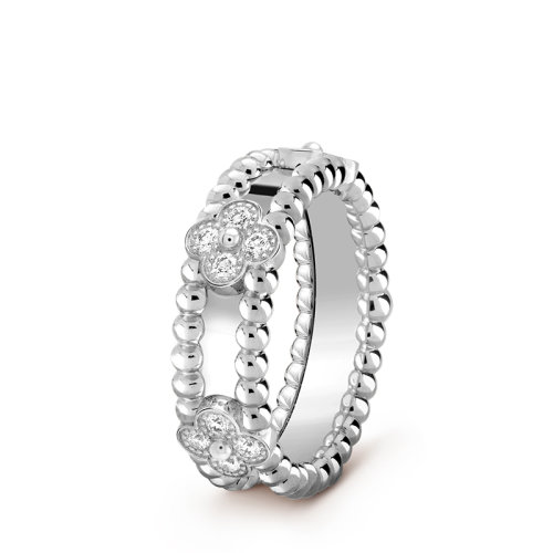 Van Cleef & Arpels/梵克雅寶 Perlée sweet trèfles系列 18K金白金鑲嵌鉆石四葉草戒指指環(huán)VCARP6MN00