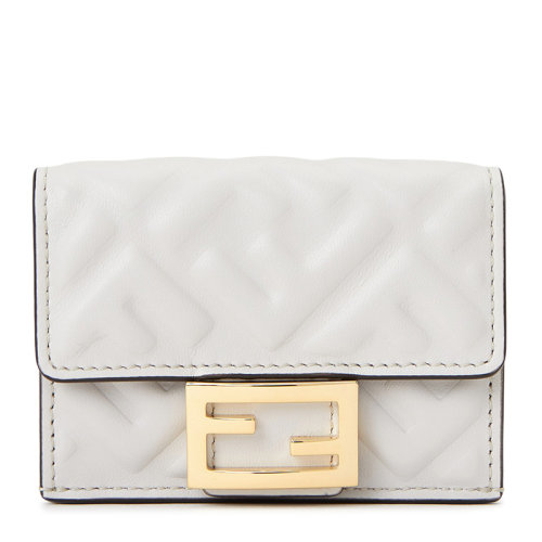 FENDI/芬迪 女士白色羔羊皮雙F浮雕印花對(duì)折短款錢夾錢包女包8M0395-AAJD-F1C76