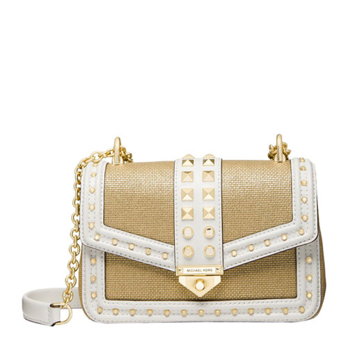 Michael Kors/邁克·科爾斯 女士白金拼色帆布配皮金屬倒三角字母徽標鉚釘裝飾單肩包斜挎包女包 30T1G1SL5K-OPTPLGOLD