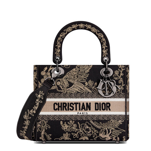 DIOR/迪奧 22新款LADY D-LITE系列 女士中號(hào)黑色面料線(xiàn)跡效果Jardin d'Hiver圖案刺繡單肩斜挎手提戴妃包M0565BRYX_M911