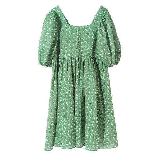 GeleiStory/GeleiStory 高支苧麻連衣裙女神清新泡泡袖方領(lǐng)中長裙寬松裙女裝＞女士裙裝＞女士連衣裙