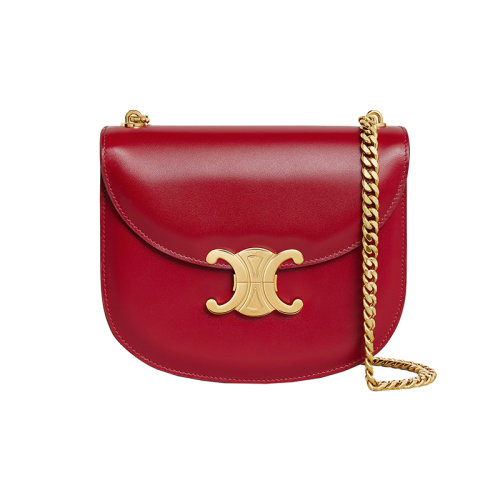 CELINE/賽琳 22新款 TRIOMPHE系列 女士紅色緞面小牛皮金屬三角扣金色鏈條斜挎單肩包110973BF4.27VD