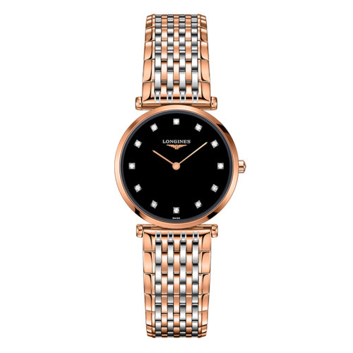 LONGINES/浪琴  嘉嵐系列 石英表鑲鉆黑盤(pán)粉紅PVD表殼粉鏈男女同款表29毫米L4.512.1.57.7