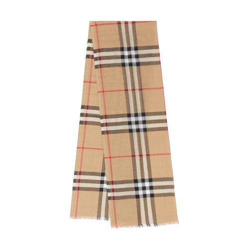 BURBERRY/博柏利 22年早春新款 男女同款典藏米色羊毛桑蠶絲混紡輕盈格紋細穗流蘇圍巾80184681
