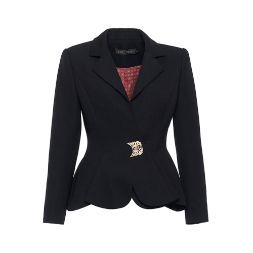 HUI/卉 女士西服2020秋季新品炭黑色外套玉蘭花型下擺設(shè)計(jì)