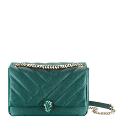 BVLGARI/寶格麗 Forest Emerald系列女士綠色粒面小牛皮經(jīng)典蛇首扣飾凸圓形單肩包斜挎包女包 290649