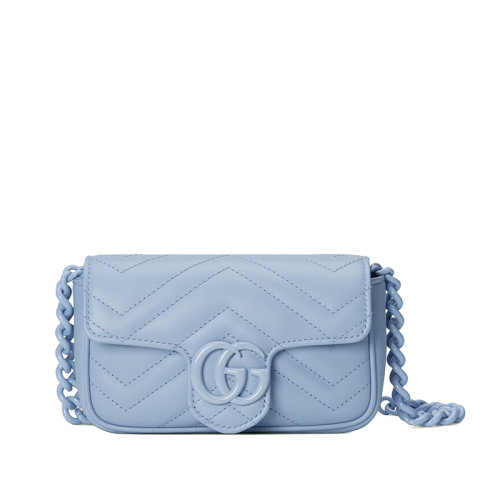 GUCCI/古馳 22春夏新款GG Marmont系列 女士淺藍(lán)色V型絎縫皮革雙G扣翻蓋單肩斜挎包腰包?699757UM8KV4928