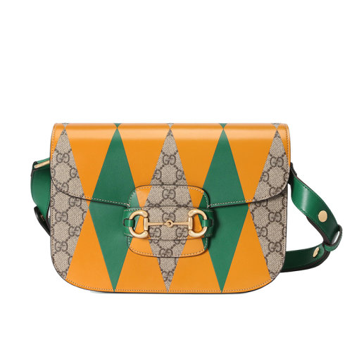 GUCCI/古馳 22新款Horsebit 1955系列 女士小號(hào)多色印花老花帆布配皮馬銜扣金扣單肩斜跨包602204FAARG9754