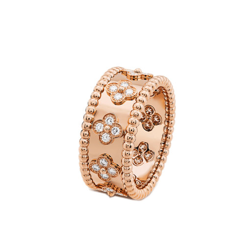 Van Cleef & Arpels/梵克雅寶 Perlée trèfles系列 小號款18K金玫瑰金三葉草圖案鑲嵌28顆鉆石戒指指環(huán)VCARO9NB00