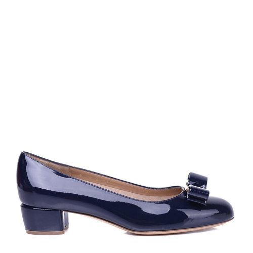 Salvatore Ferragamo/菲拉格慕 女士藏藍色光面牛皮粗跟鞋低跟鞋 0539449-NP-C-O-BL（99新未使用）