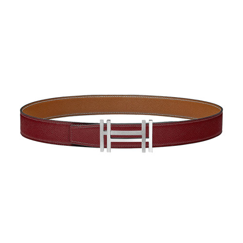 HERMES/愛馬仕 H Carré系列  紅色//金色荔枝紋小牛皮 男士雙面銀扣皮帶32毫米H066050CK05/H075394CAAC090