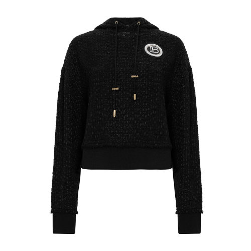 Balmain/巴爾曼 黑色 女士徽標飾粗花呢Cropped帽衫連帽衛(wèi)衣 UF13792X396  早秋