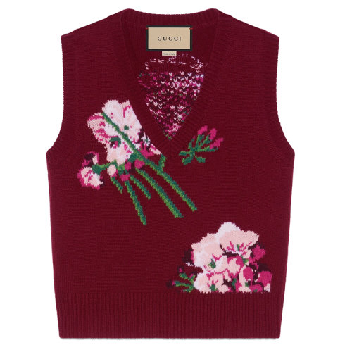 GUCCI/古馳 女士酒紅嵌花花朵羅紋衣領(lǐng)羊毛開衫?663926X12746412