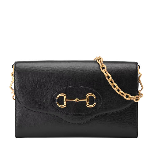 GUCCI/古馳 20  Horsebit 1955系列 女士小號黑色皮革翻蓋馬銜扣鏈條單肩斜挎包?67728618YSX1060